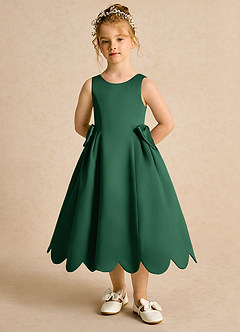 Azazie Macaroon Flower Girl Dresses Dark Green Ball-Gown Bow Matte Satin Dress image4