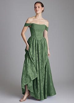 Azazie Raisa Bridesmaid Dresses Eucalyptus A-Line Off the Shoulder Floral Burnout Dress image6
