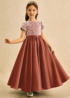 Azazie Cashew Flower Girl Dresses Auburn Ball-Gown with Sleeves Matte Satin Dress image4