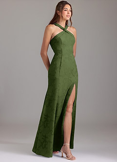 Azazie Rue Bridesmaid Dresses Olive A-Line Pleated Floral Burnout Dress image4