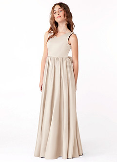 Azazie Hathaway Junior Vestido de Alabastro Blanco de Satén Elástico de Corte En A con Lazo image4