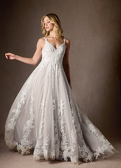 Azazie Delaina Vestidos de novia Vestido de Blanco Diamante Moca de Tul de Corte en A con Lentejuelas cuello pico image12