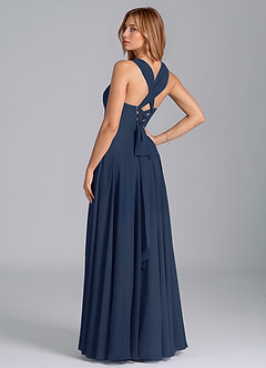 Azazie Darana At-home Try On Dresses Dark Navy A-Line Corset Chiffon Dress image6