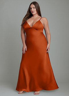 Azazie Stefania Vestidos de damas de honor Vestido Naranja Quemada de Satén Elástico de Línea A image12