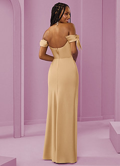 Barbie ♥ Azazie Bridesmaid Dresses Gold Sheath Off the Shoulder Stretch Satin Convertible Dress image7