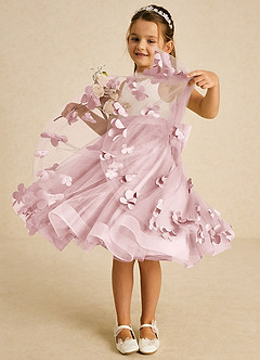Azazie Sprout Robe Demoiselle D'honneur Fillette Robe Trapèze en Tulle Arc Rose Poudré image3