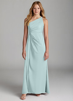 Azazie Mika Junior Robe Trapèze en Satin extensible Plissée Brume image3