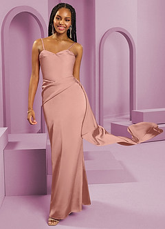 Barbie ♥ Azazie Vestidos de damas de honor Vestido de Rosetón de Satén Elástico de Corte Recto Convertible con Sin tirantes image3