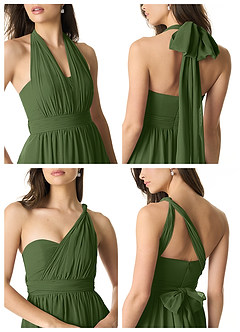 Azazie Olani Robes de demoiselle d'honneur Robe Trapèze Convertible en Mousseline de soie Épaule décolletée Olive image2