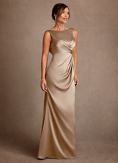 Azazie Baltimore Mother of the Bride Dresses Taupe A-Line Pleated Stretch Satin Dress image4