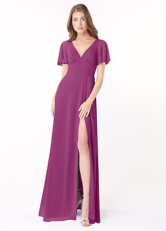 Azazie Kimber Bridesmaid Dresses Orchid A-Line Flounce Sleeve Chiffon Dress image1