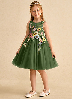 Azazie Prima Blumenmädchenkleider A-Linie Schleifen Tüll Kleid Olivgrün image5