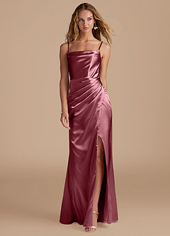 Azazie Marzia Vestidos de damas de honor Vestido de Rosa Del Desierto de Satén Metálico de Corte Sirena con Plisado image4