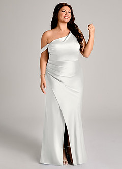 Azazie Madelyn Bridesmaid Dresses White Mermaid One Shoulder Stretch Satin Convertible Dress image4