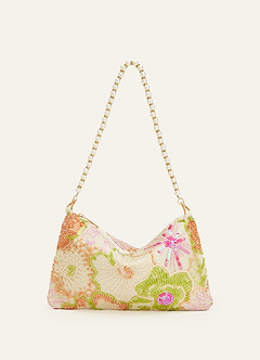 front Sequin Embroidered Floral Pearl Strap Shoulder Bag