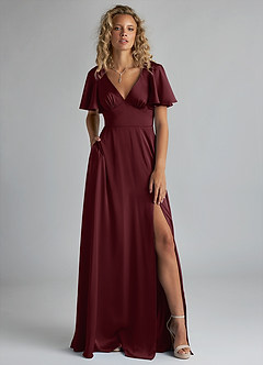 Azazie Kimber Bridesmaid Dresses Cabernet A-Line Ruched Stretch Satin Dress image1