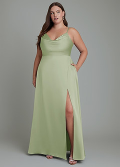 Azazie Sarella Robes de demoiselle d'honneur Robe Trapèze en Satin extensible Plissé Vert Sauge image10