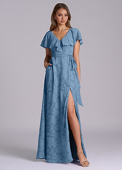 Azazie Lainey Abiti da Damigella Abito A-Line in Burnout Floreale Con Tasche Blu Acciaio image3