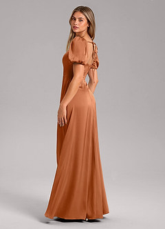 Azazie Fyona Bridesmaid Dresses Copper A-Line Pleated Stretch Satin Dress image5