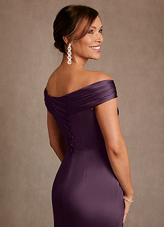 Azazie Bedford Mother of the Bride Dresses Plum Sheath Pleated Stretch Satin Dress image7