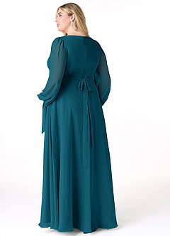 Azazie Leonia Robes de demoiselle d'honneur Robe Trapèze en Mousseline de soie Manche longue Bleu Encre image9