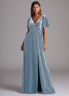 Azazie Kimber Bridesmaid Dresses Dusty Blue A-Line with Pockets Velvet Dress image4