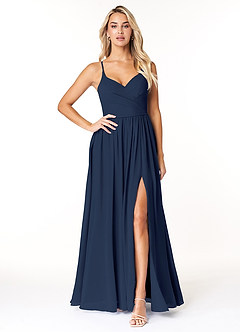 Azazie Dominic Bridesmaid Dresses Dark Navy A-Line V-Neck Pleated Chiffon Dress image1