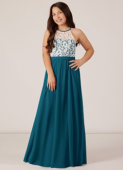 Azazie Fahari Junior Ink Blue A-Line Lace Chiffon Dress image2