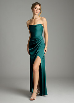 Azazie Leonis Vestidos de damas de honor Vestido de Pavo Real de Satén Elástico de Corte Sirena Convertible con Plisado image1