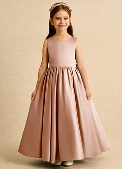 Azazie Nellia vestidos de niña de las flores Vestido de Champán Rosado de Satin Mate de Corte En A con Lazo image2