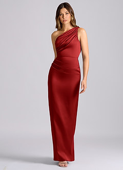 Azazie Akilah Bridesmaid Dresses Pomegranate Mermaid One Shoulder Stretch Satin Dress image4