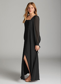 Azazie Leonia Junior Black A-Line with Pockets Chiffon Dress image3