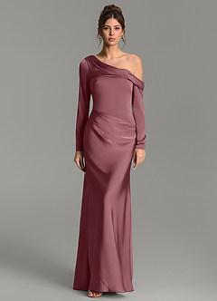 Azazie Sandra Bridesmaid Dresses Desert Rose Mermaid Long Sleeve Stretch Satin Dress image1