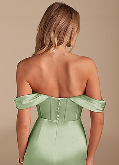 Azazie Asha Robes de demoiselle d'honneur Robe Fourreau en Satiné métallisé Épaule décolletée Vert Sauge image6