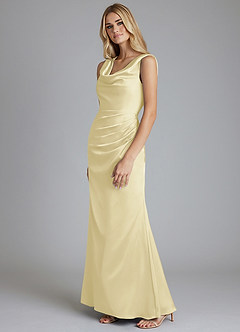 Azazie Tallie Bridesmaid Dresses Lemon Sorbet Mermaid Pleated Stretch Satin Dress image2