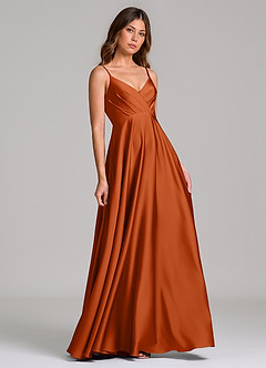 Azazie Amani Robes de demoiselle d'honneur Robe Trapèze en Satin extensible Plissée Orange Brûlée image1