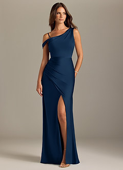 Azazie Madelyn Robes de demoiselle d'honneur Robe Sirène Convertible en Satin extensible Épaule décolletée Bleu Marine Foncé image8