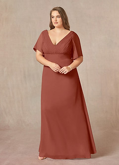Azazie Alessa At-home Try On Dresses Auburn A-Line V-Neck Pleated Chiffon Dress image9