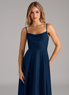 Azazie Elle Bridesmaid Dresses Dark Navy A-Line Pleated Stretch Satin Dress image2
