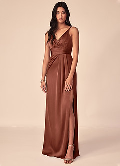 Azazie Aqua Bridesmaid Dresses Clay A-Line V-Neck Pleated Stretch Satin Dress image1