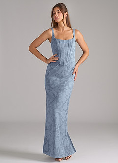 Azazie Kenna Bridesmaid Dresses Dusty Blue Sheath Side Slit Floral Burnout Dress image5