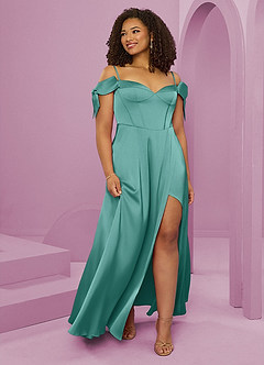 Barbie ♥ Azazie Bridesmaid Dresses Aqua A-Line Off the Shoulder Stretch Satin Dress image3