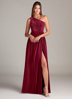 Azazie Brooke Bridesmaid Dresses Burgundy A-Line One Shoulder Velvet Dress image4