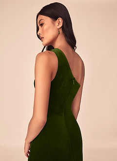 Azazie Argan Bridesmaid Dresses Olive A-Line One Shoulder Pleated Velvet Dress image7