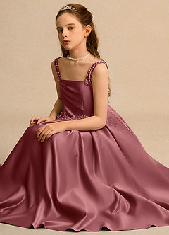 Azazie Mochi Girl Jurken voor bloemenmeisjes Baljurk Jurk van Mat Satijn Geplooid Amethist image3