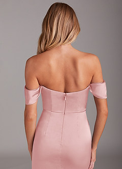 Azazie Saige Bridesmaid Dresses Powder Pink Mermaid Off the Shoulder Stretch Satin Dress image7