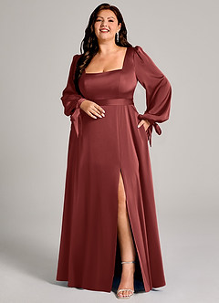 Azazie Leonia Bridesmaid Dresses Terracotta A-Line Long Sleeve Stretch Satin Dress image8