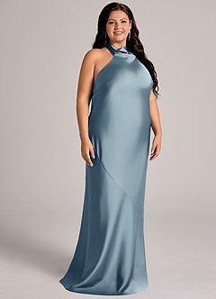 Azazie Velli Abiti da Damigella Abito Sirena in Raso Elasticizzato Collo Alto Blu Polveroso image11