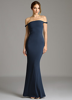 Azazie Shantal Bridesmaid Dresses Dark Navy Mermaid Off the Shoulder Premium Stretch Jersey Dress image5