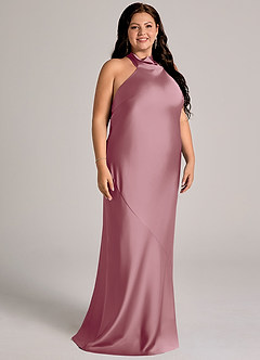 Azazie Velli Bridesmaid Dresses Vintage Mauve Mermaid High Neck Stretch Satin Dress image11